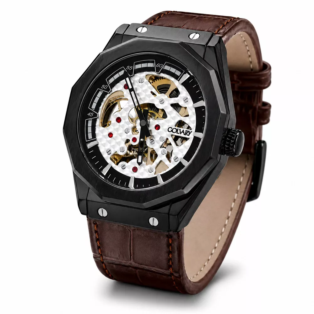Golvary G-9248L189 - Montre Homme Squelette Argent & marron