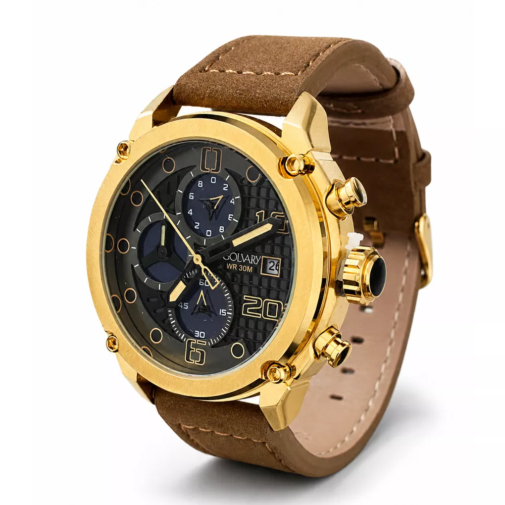 Golvary G-2051L169 - Montre Homme Cuir Doré & Marron